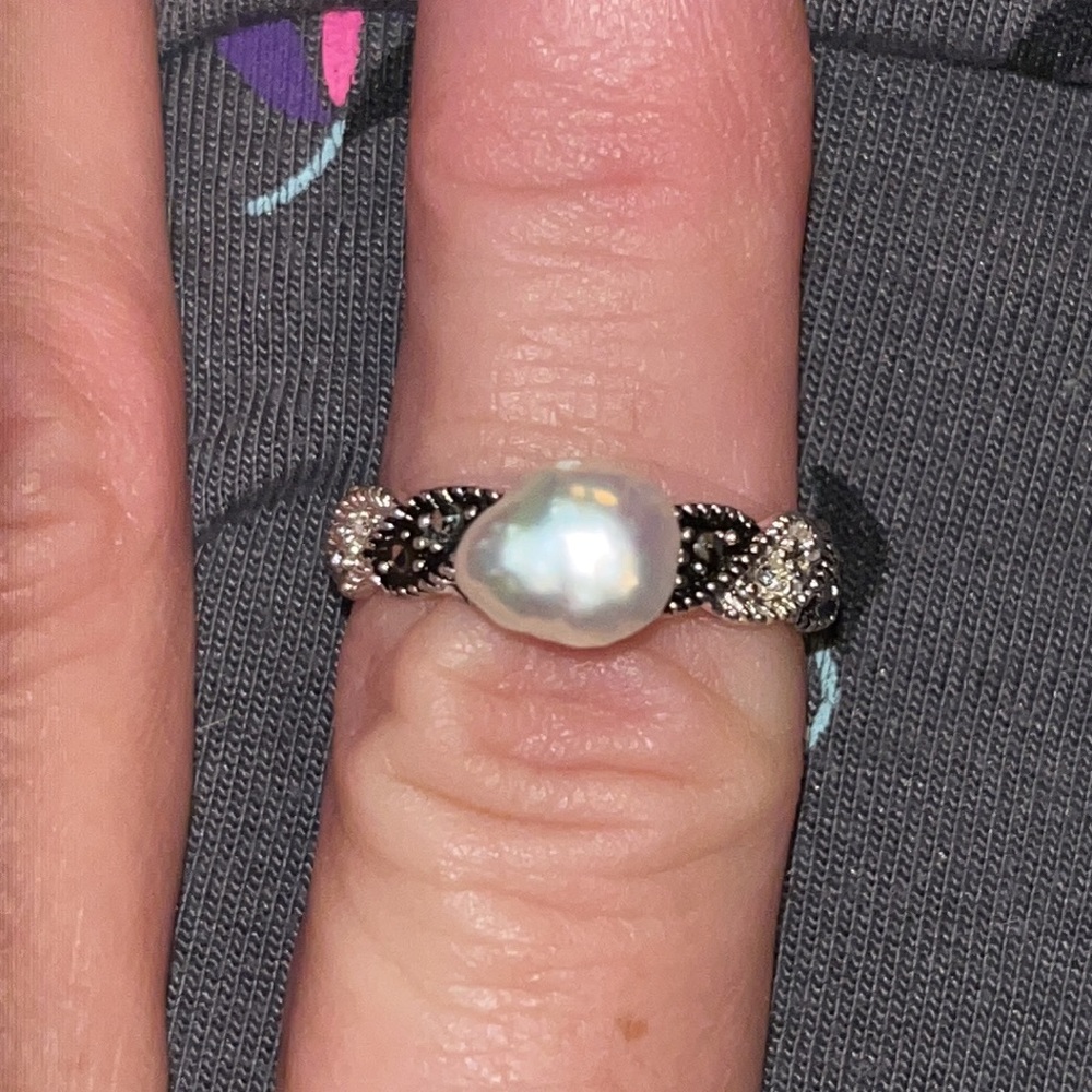 FRESHWATER PEARL RING Marcasite eternity ring size 7 BEAUTIFUL